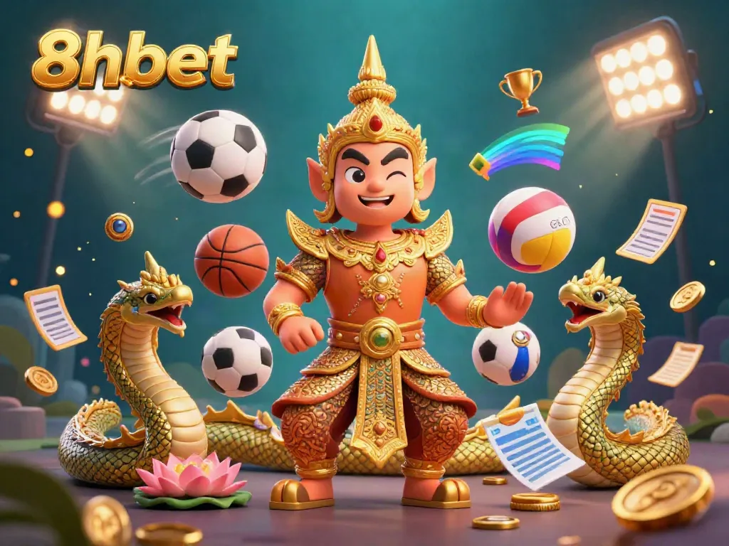 Experience thrilling betting action with 8xbet's vibrant illustration of a guardian and Naga serpents.