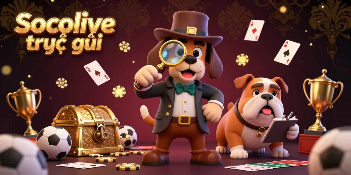 Socolive trực tiếp showcases a vibrant scene with a detective dog exploring poker chips amidst lively sports betting elements, capturing engaging gameplay details.