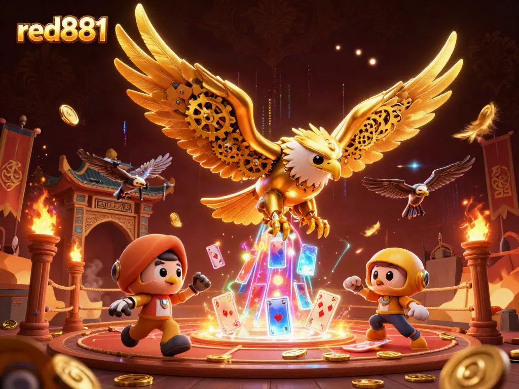 Experience high-stakes action with red881's golden eagle navigating a vibrant casino world.