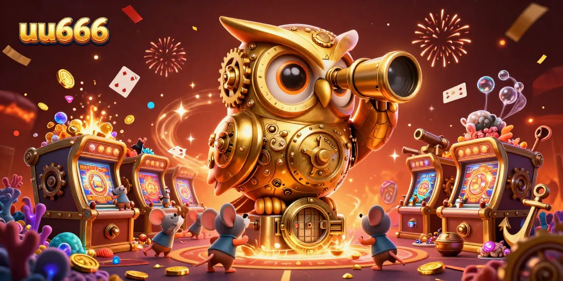 Experience the thrill of uu666 casino with vibrant 3D characters amidst slot machines and treasures.