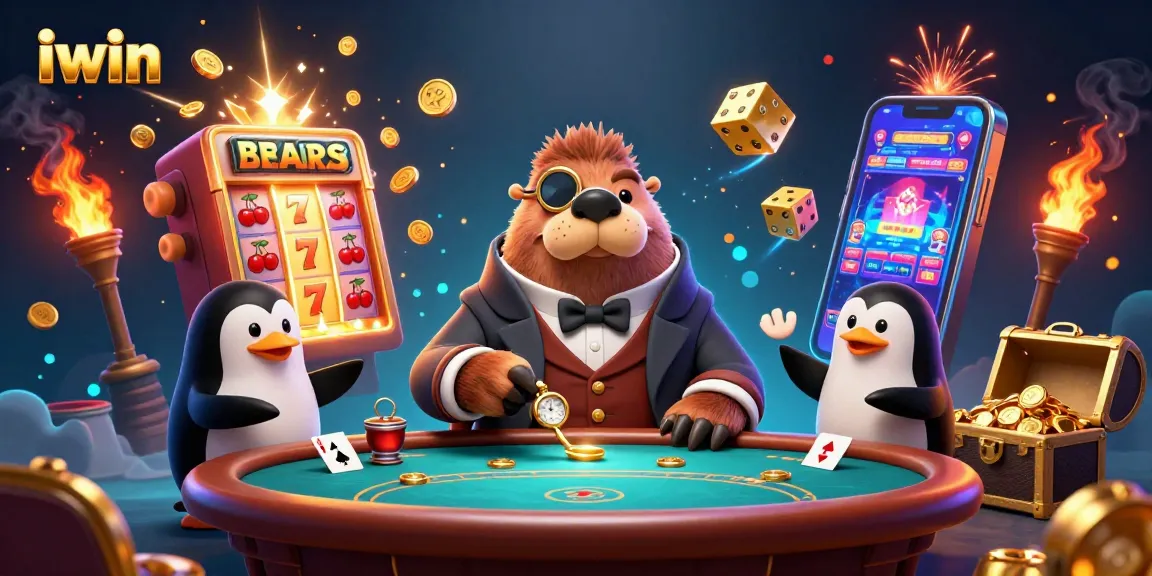 Join the vibrant iwin casino experience as a jolly walrus plays poker with friends underwater.