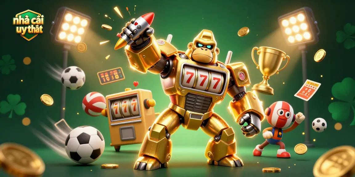 Engage with nhà cái uy tín featuring a golden gorilla mech amidst dynamic sports betting elements.