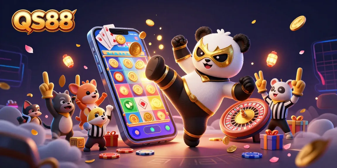 Experience thrilling gameplay at QS88 with a vibrant scene of animals enjoying slots and excitement.
