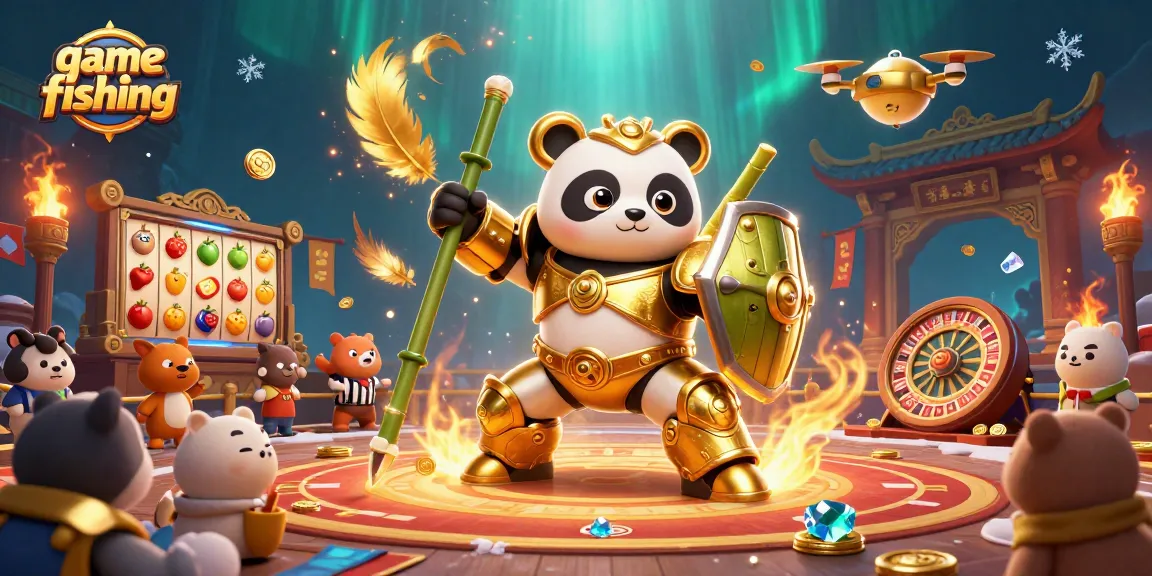 Engaging game fishing scene with a mech-suit panda in an arena showcasing jackpot slot symbols and betting elements.