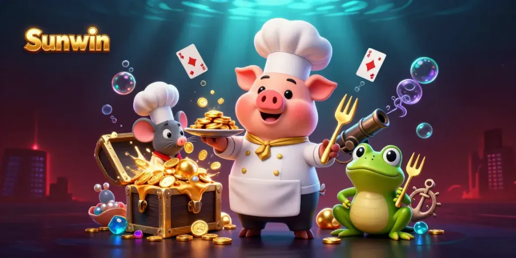 Experience Sunwin's thrilling gaming world, illustrated with vibrant characters and underwater treasures.