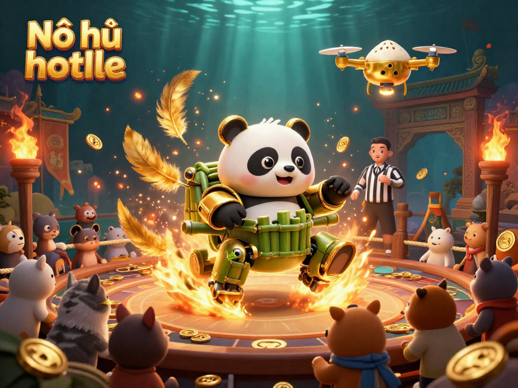 Nổ hũ hotline: Dive into an immersive game experience with a golden panda and its robot in an energetic gambling arena.