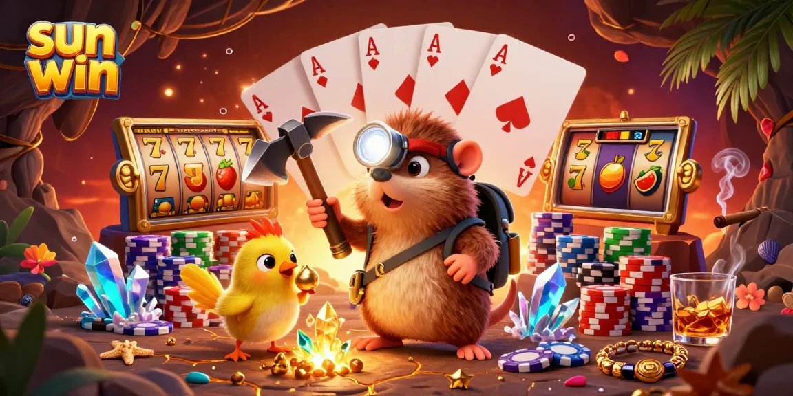Experience thrilling wins at Sun Win with a cartoon treasure hunter and vibrant slot game elements.