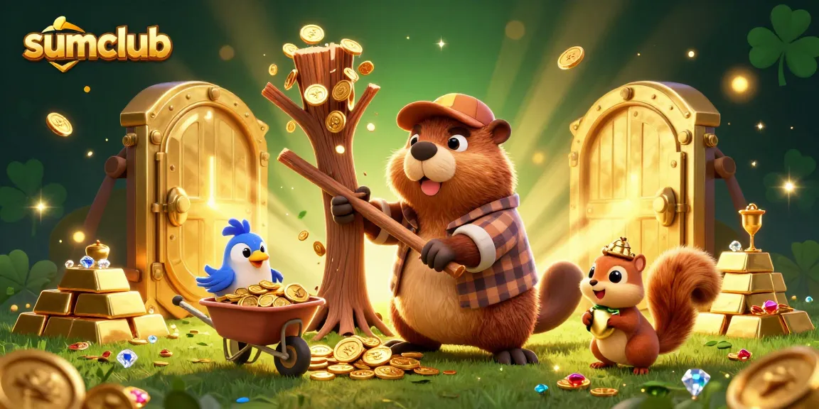 Sumclub players collecting coins in an exciting 3D casino scene filled with treasures and vibrant energy.