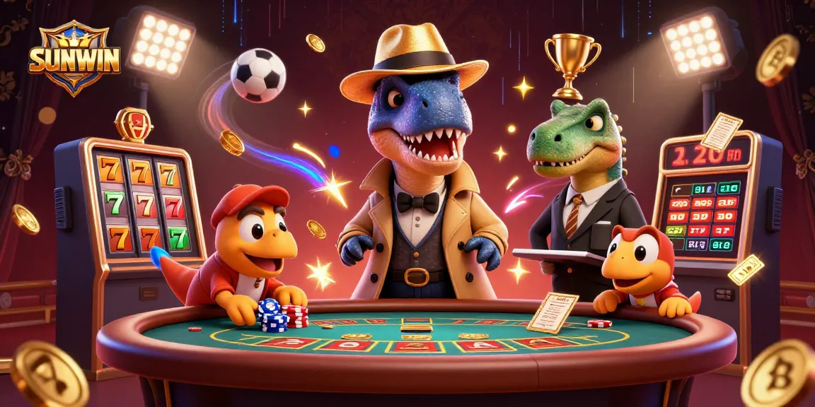 SUNWIN's animated casino scene featuring a velociraptor card counter, a suspicious pit boss, and a compy pickpocket amidst dynamic gambling elements.