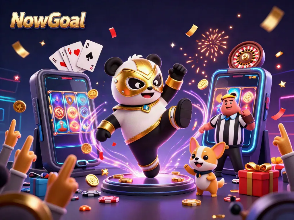 NowGoal showcases thrilling sports betting action with a lively panda wrestler and animal spectators cheering.