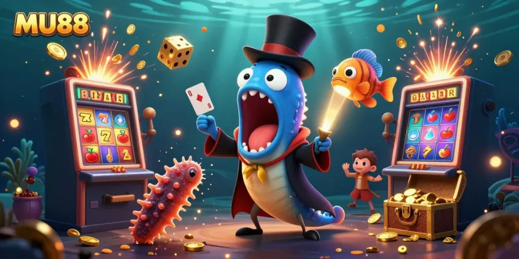 Experience MU88's thrill as a bioluminescent eel performs magical card tricks in a dynamic casino scene.