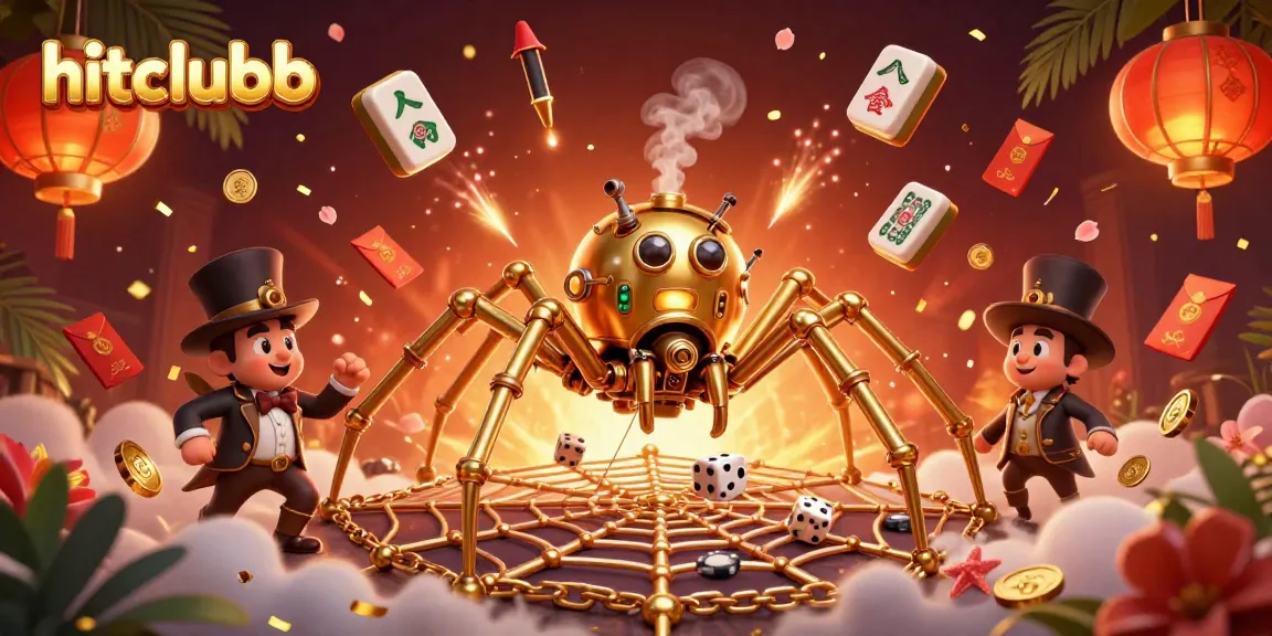 Experience thrilling gameplay at hitclubb with a steampunk spider capturing dice in a casino-themed web.