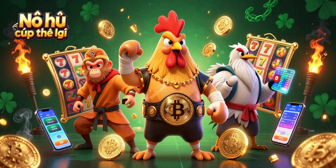 Nổ hũ cúp thế giới showcases a colorful 3D scene with Muay Thai rooster, Shaolin monkey, and crane master amidst vibrant slot game elements.