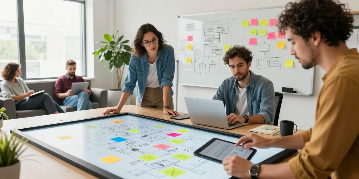 Users collaborating on mixboard ai in a modern office space with vibrant teamwork atmosphere.