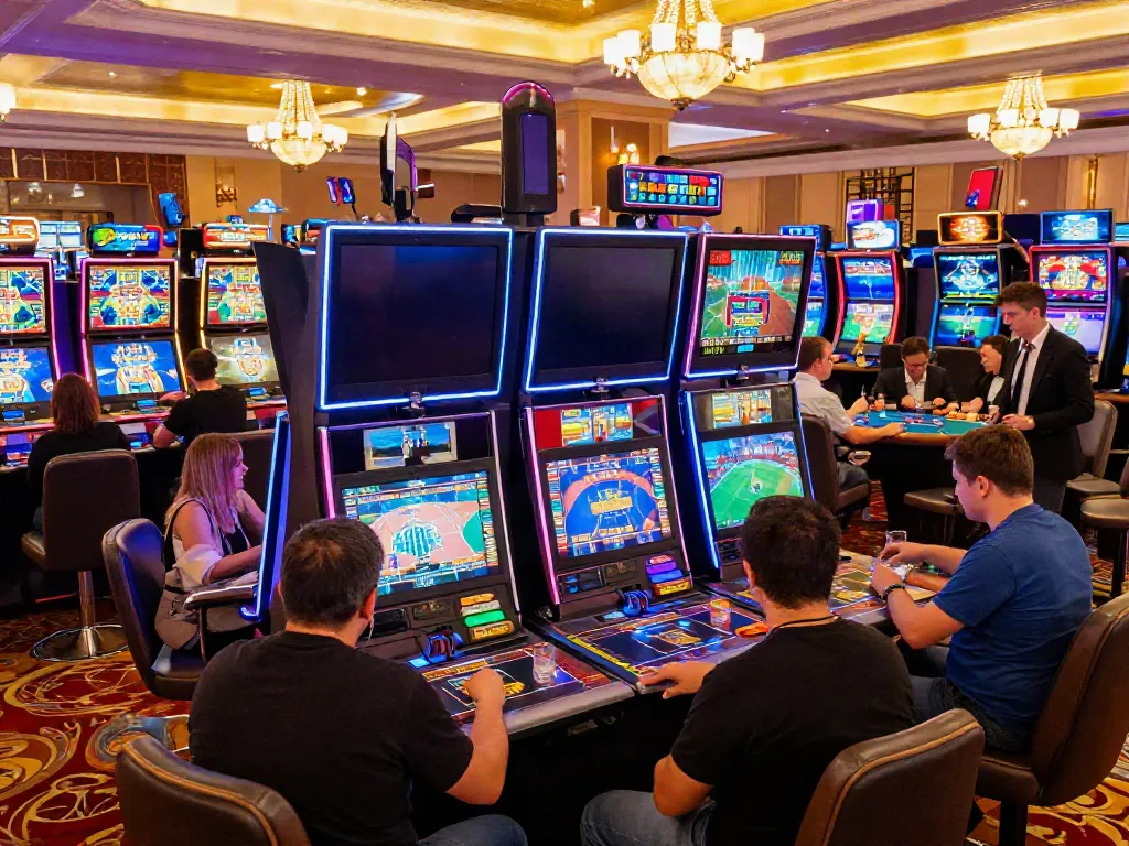 9bet gaming floor scene with lively players at slots and poker tables.