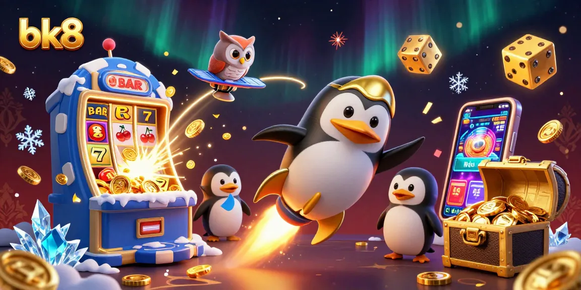 Experience bk8's thrilling jackpot adventure with a golden penguin in a casino space!