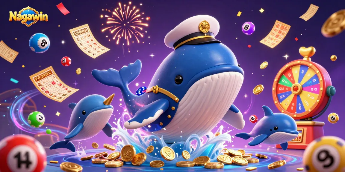 Win big at Nagawin with this vibrant casino illustration featuring whales and dolphins.