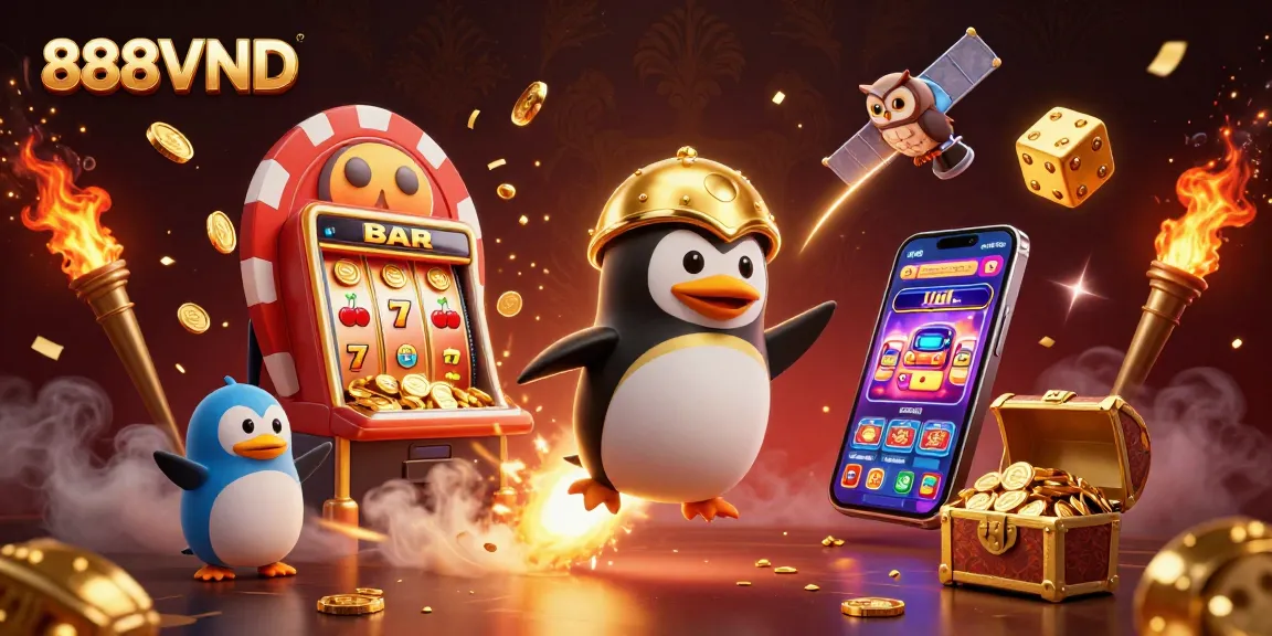 Experience thrilling casino excitement with the 888VND adventure, featuring a golden penguin and a jackpot explosion.