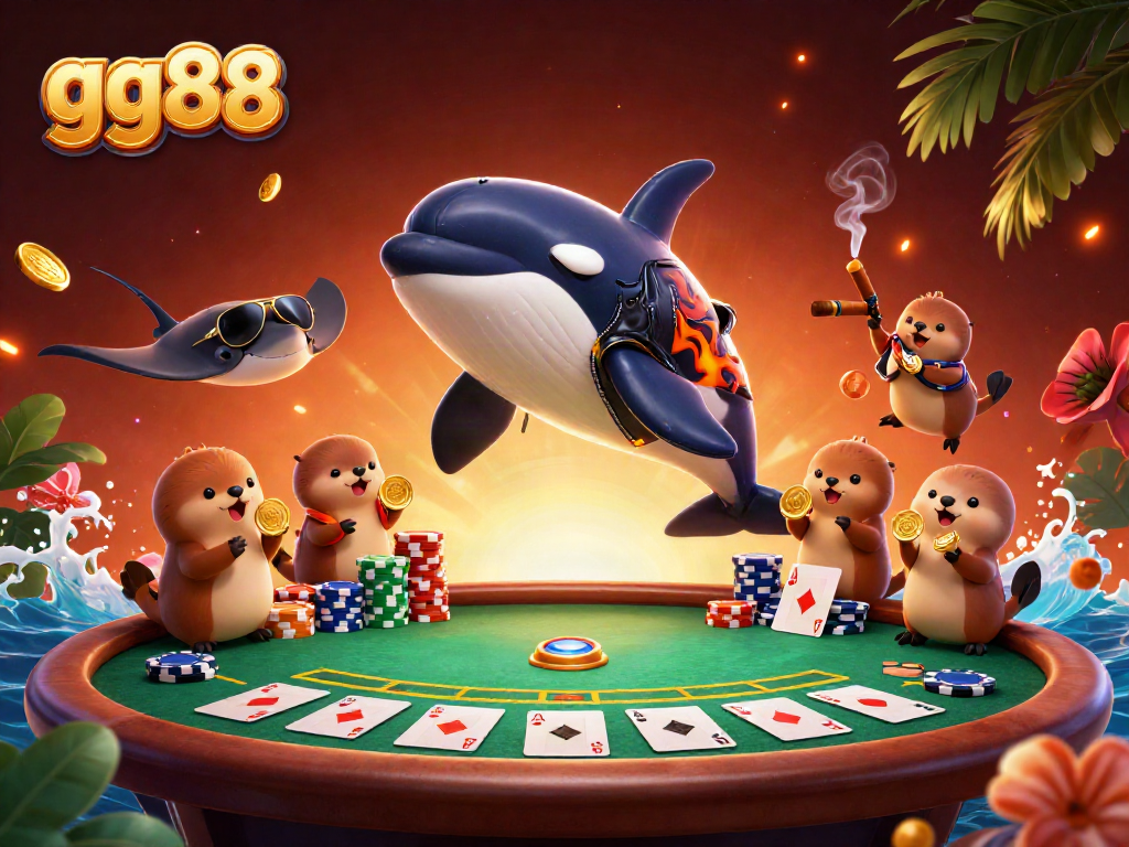 Engaging scene showcasing gg88 players winning at a poker table with orca and stingray characters.