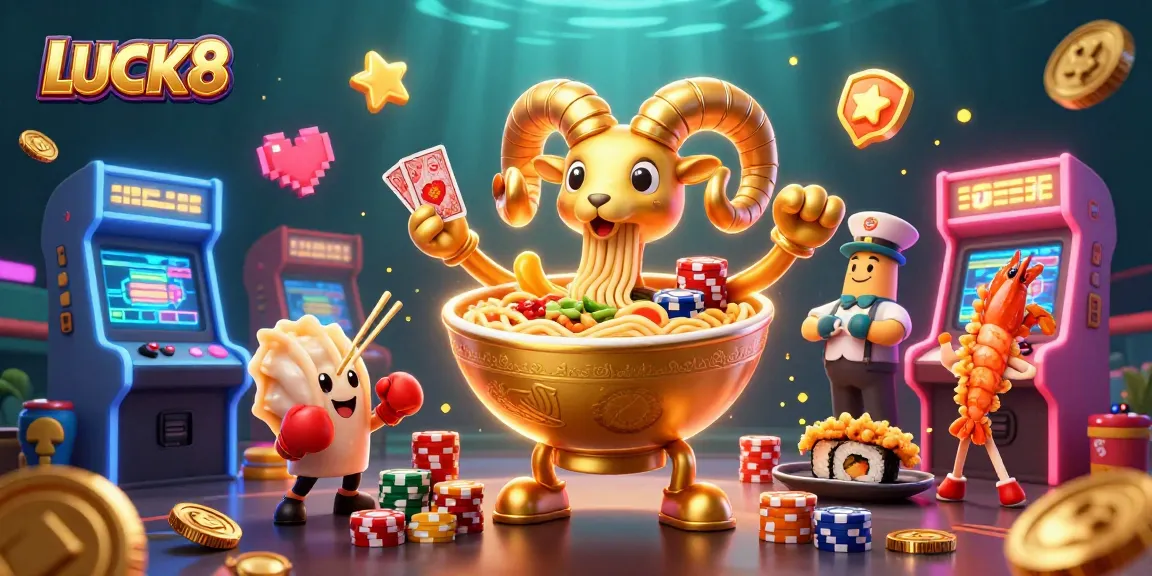LUCK8 engages players with a vibrant, cartoon-style 3D casino scene featuring lively characters and dynamic game elements.