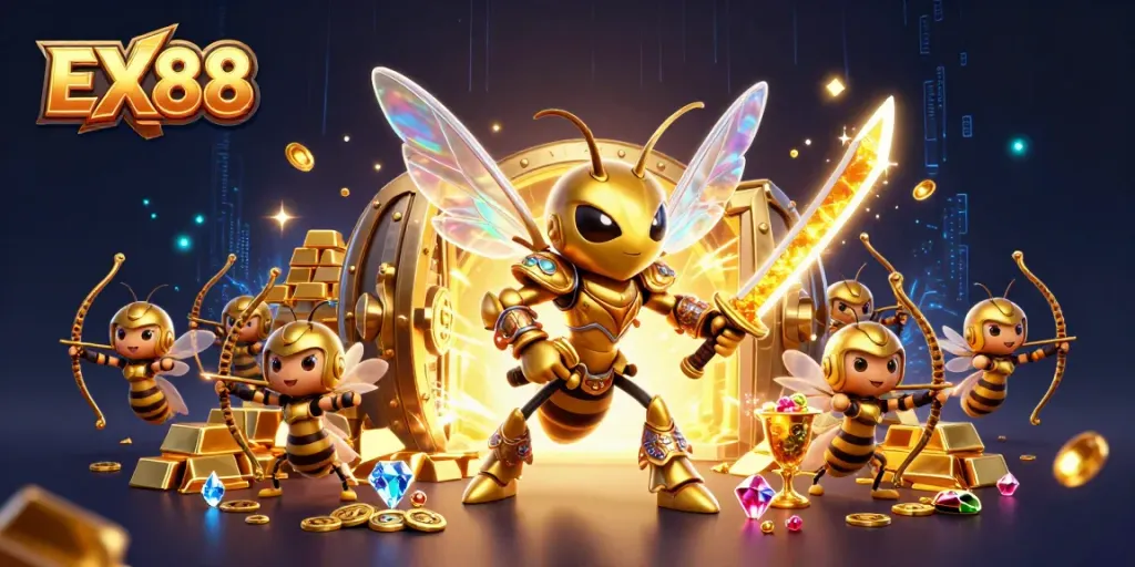 Experience the thrilling world of EX88, where golden treasures and captivating visuals await in this vibrant casino scene.