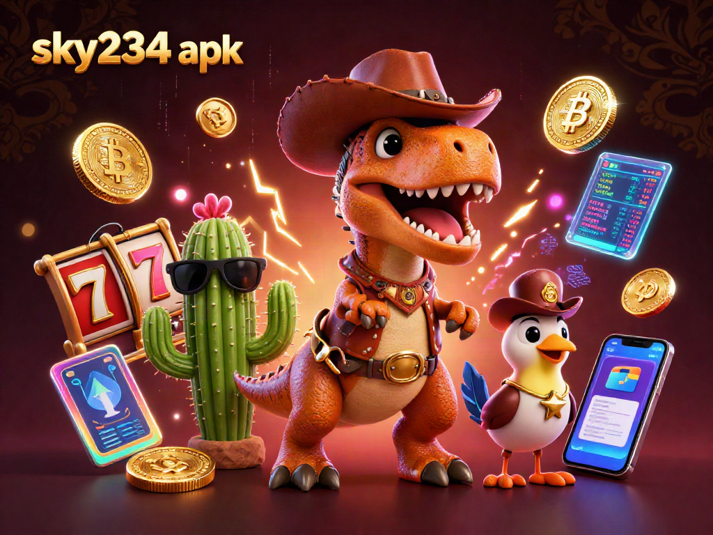 Experience the excitement of sky234 apk with slot reels and characters in a vibrant 3D casino scene.