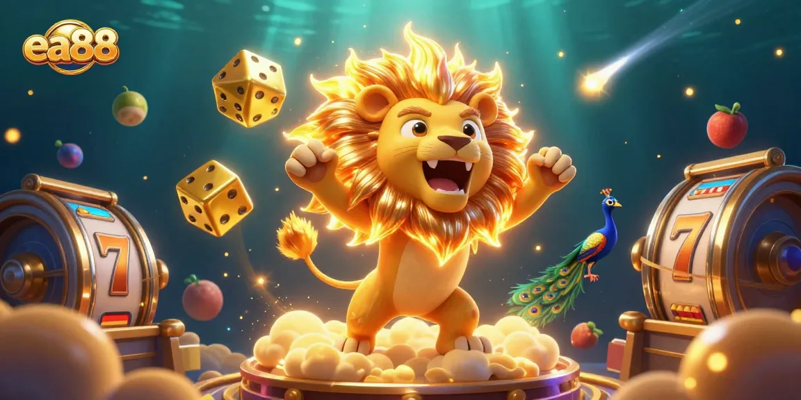 Experience thrilling slot action with ea88's vibrant 3D illustration featuring dynamic game elements and golden dice.