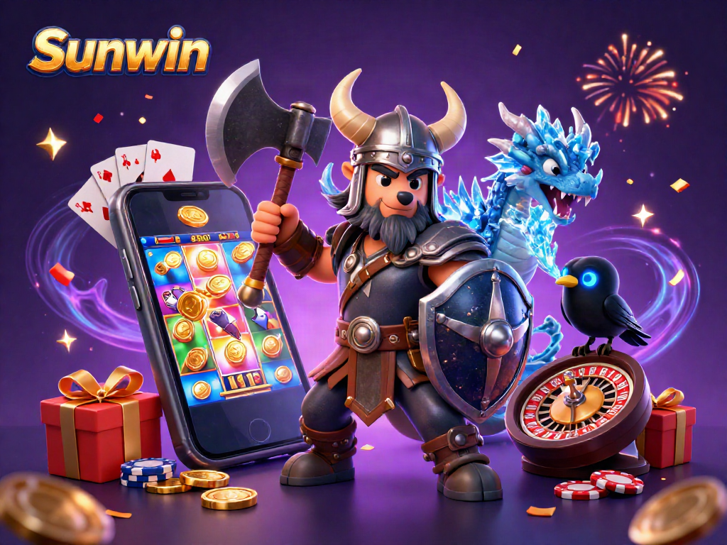 Engage in thrilling online gaming with Sunwin's vibrant 3D illustration featuring a Viking wolf warrior and game elements.