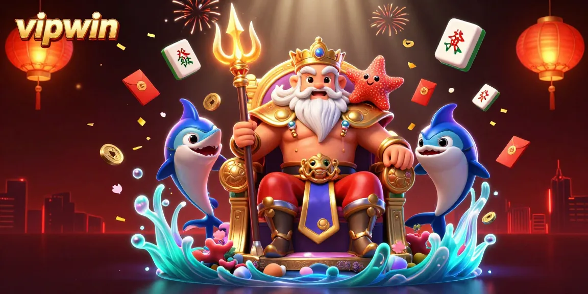 Experience the thrill of vipwin casino gaming with Neptune and vibrant elements in a 3D illustration.