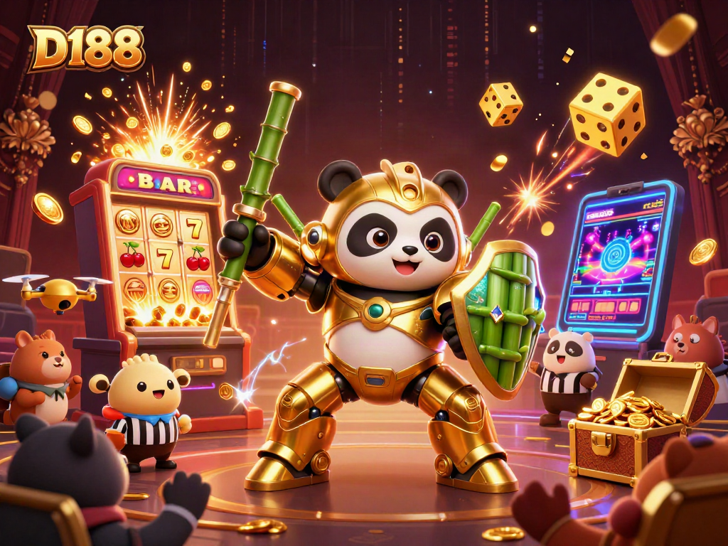 D188 jackpot scene with golden panda in mech-suit, bursting slot machine, and vibrant casino elements