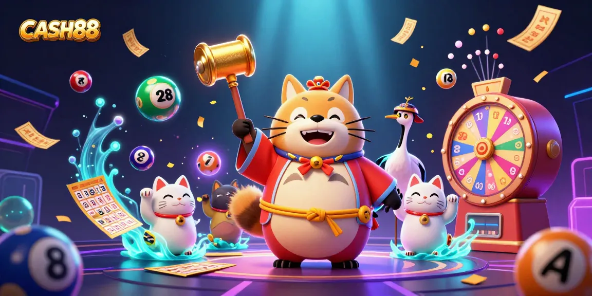 CASH88 evokes excitement as a cheerful tanuki holds a golden mallet, with lottery balls and prizes cascading in a festive atmosphere.