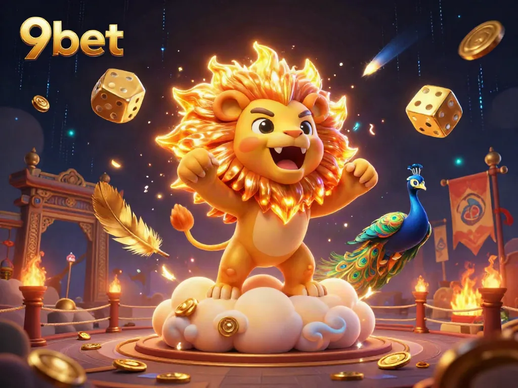 Experience the excitement of 9bet with this vibrant illustration showcasing a majestic lion, dynamic dice, and a captivating peacock surrounded by casino elements.