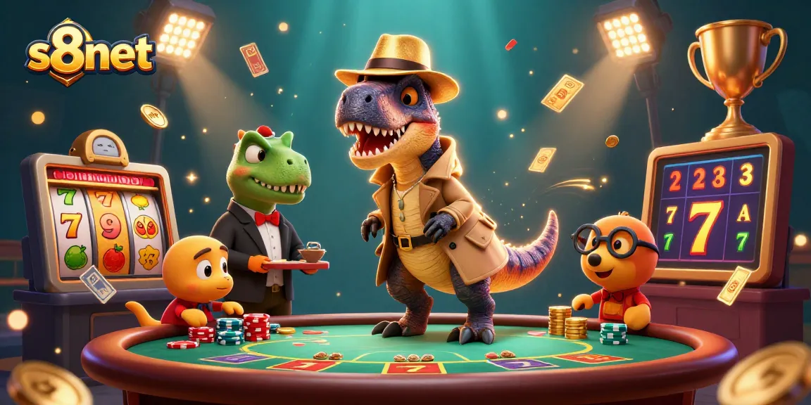 Enjoy thrilling wins at s8net with a vibrant scene of dinosaurs at a casino gaming table.