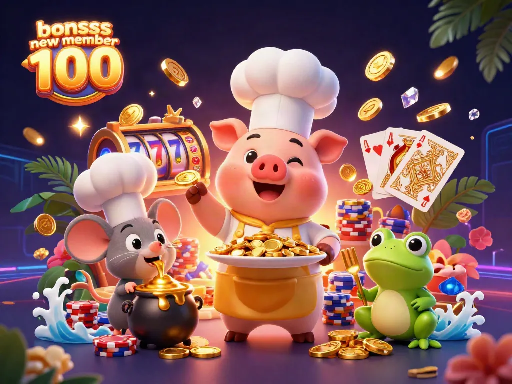 Experience the excitement of the bonus new member 100 with a vibrant 3D casino scene featuring winning elements and characters.