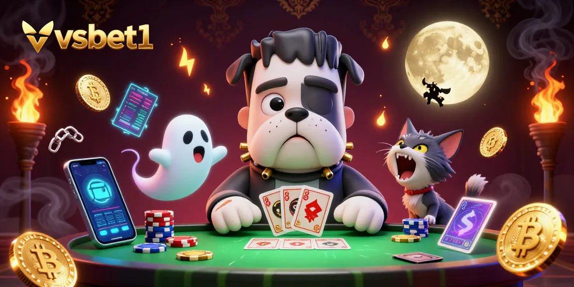 Experience vsbet1 with exciting card dealing at a spooky casino table, featuring vibrant characters and cryptocurrency elements.