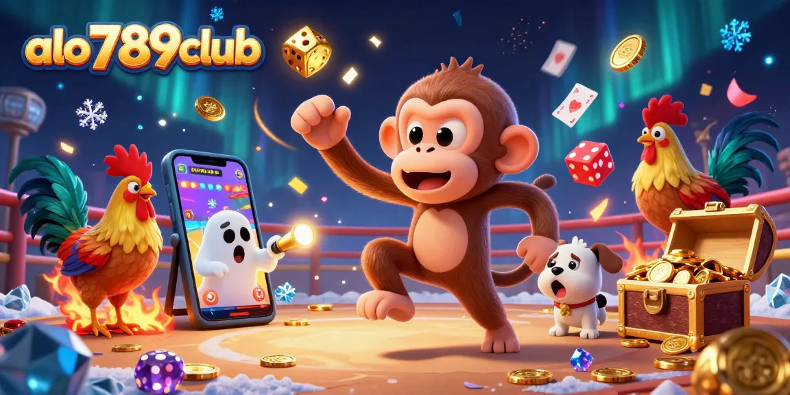 Alo789club showcases a lively cockfighting scene with a playful monkey and puppy in a captivating illustration.