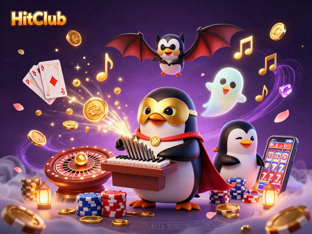 HitClub illustration showcasing a phantom penguin and bat acrobat amidst cascading coins and vibrant casino elements.