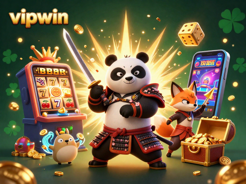 Engage with vipwin's thrilling action featuring a samurai panda battling among vibrant casino elements.