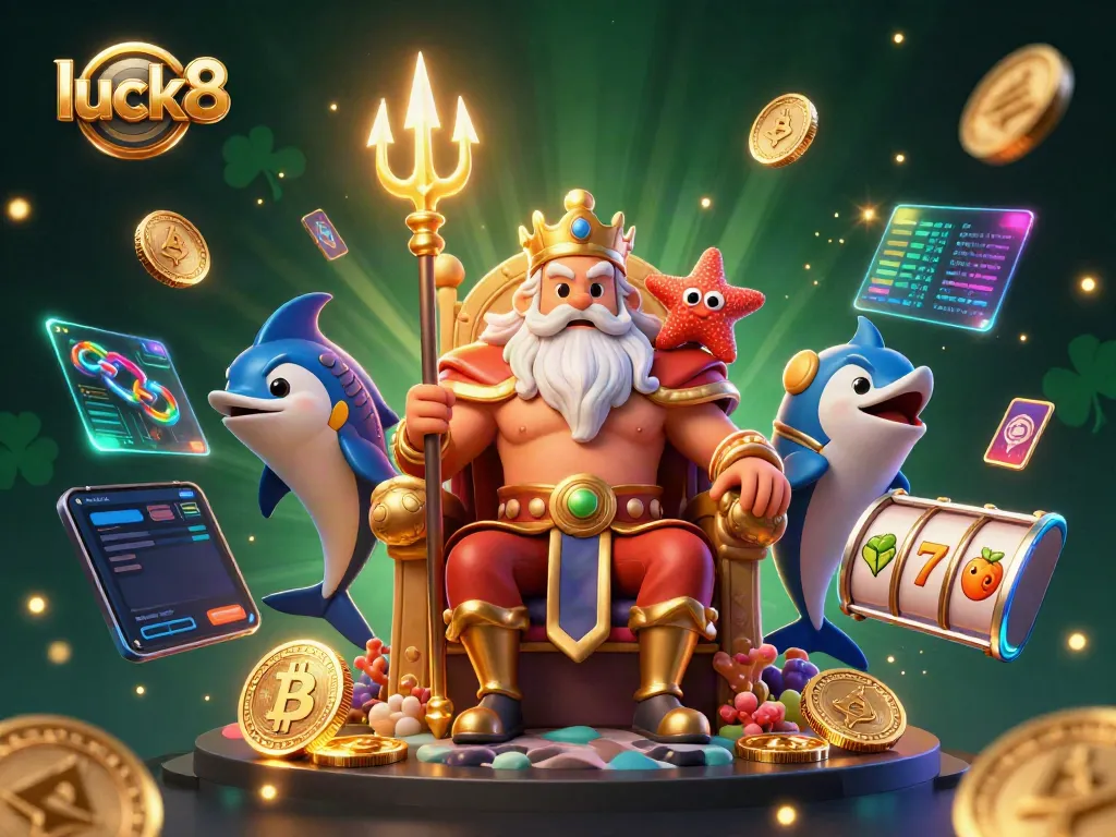 Experience luck8's vibrant casino scene with Neptune and samurai guardian, filled with crypto coins and slot game elements.