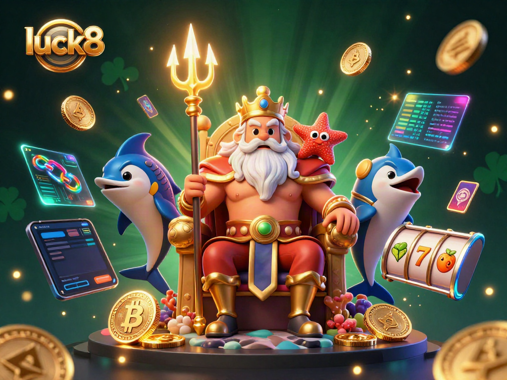 Experience luck8's vibrant casino scene with Neptune and samurai guardian, filled with crypto coins and slot game elements.