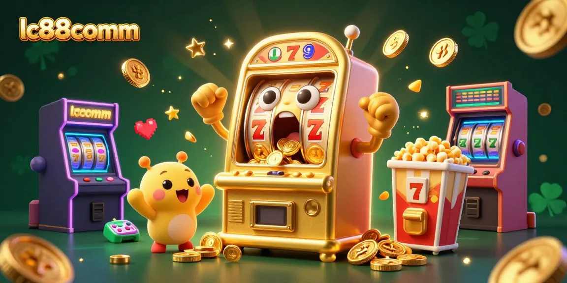 Hit the jackpot at lc88comm with a golden slot machine surrounded by cheering baby slots, radiant game elements.