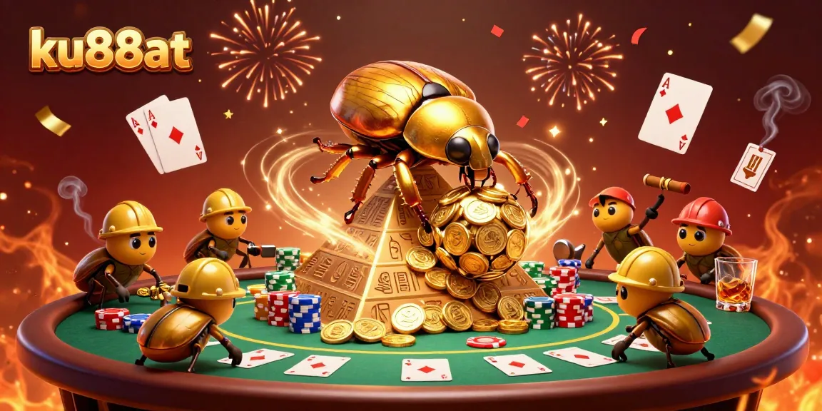 Celebrate big wins with ku88at in this dynamic casino-themed illustration featuring golden coins and poker elements.