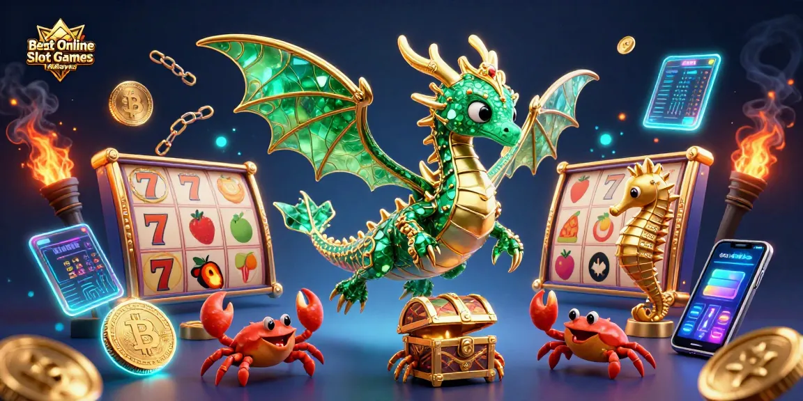Engage with the Best Online Slot Games Malaysia featuring a vibrant sea dragon surrounded by slot reels and crypto elements.