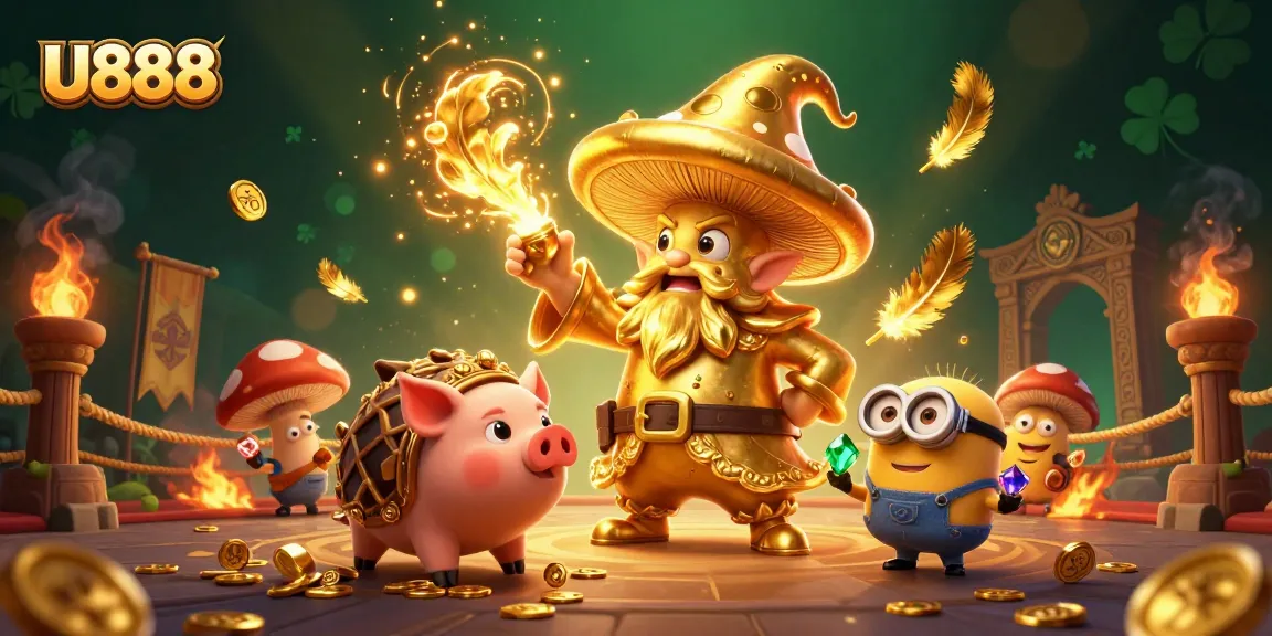 U888 features a golden wizard and a truffle pig among treasures and casino elements in an exciting scene.