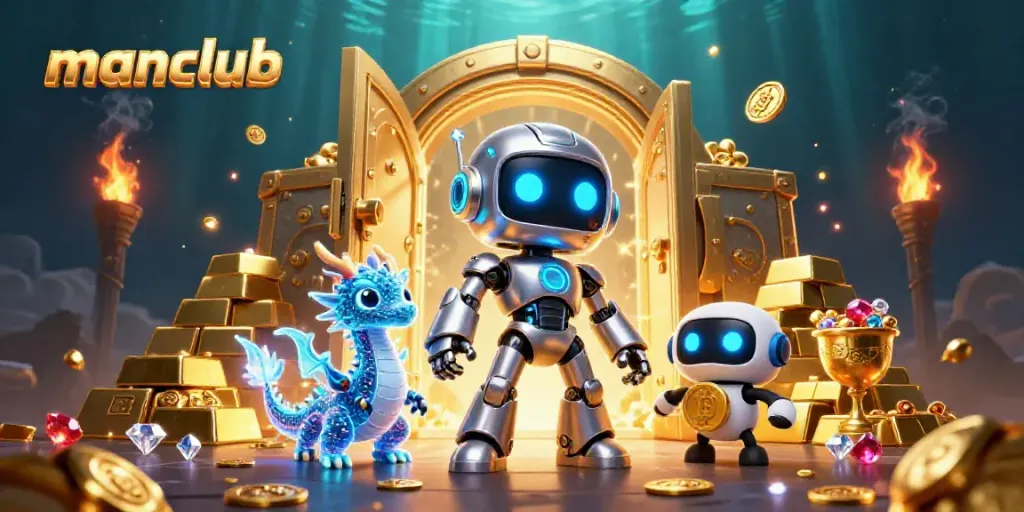 Experience thrilling gameplay at manclub with a vibrant 3D casino scene featuring characters and treasures.