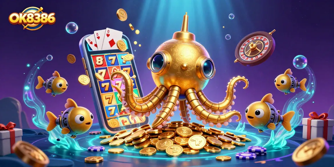 Spin the reels with OK8386 in an enchanting underwater casino scene filled with treasures.
