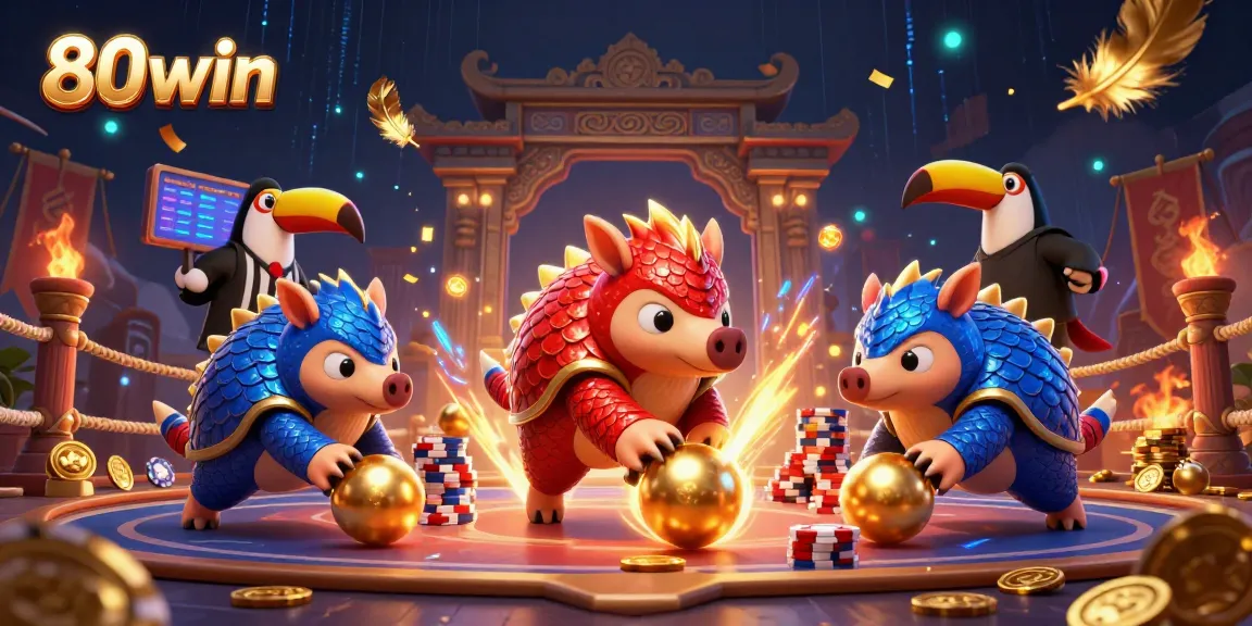 Experience thrilling gameplay with 80win, featuring rival pangolins in a vibrant casino setting.