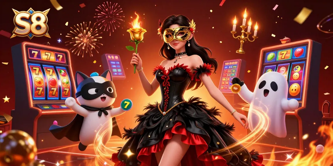S8 captivates gamblers with a rich scene of slot reels and jackpot excitement alongside a glamorous character.