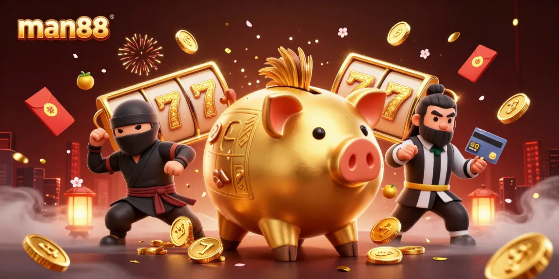 Experience the excitement of man88's slots with golden piggy bank characters and vibrant casino elements.