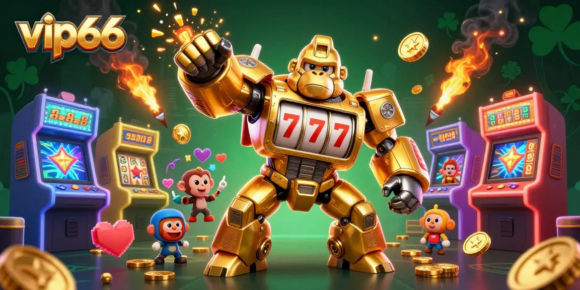 Join the action at vip66 with a golden gorilla mech celebrating wins amidst colorful casino elements.
